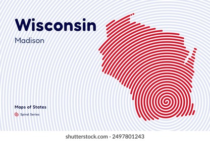 Karte von Wisconsin in Spiralform: Madison steht im Mittelpunkt. Fingerabdruck und Streifenmuster. Landkarten amerikanischer Bundesstaaten.