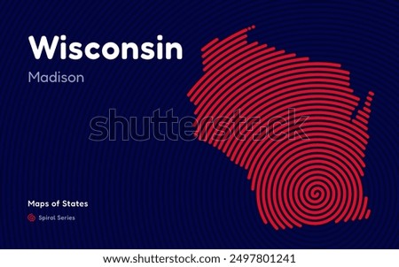 Wisconsin Map in Spiral Formation: Madison Takes Center Stage. Fingerprint and stripes pattern. American states maps.