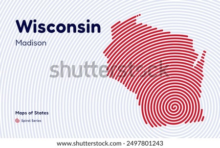 Wisconsin Map in Spiral Formation: Madison Takes Center Stage. Fingerprint and stripes pattern. American states maps.