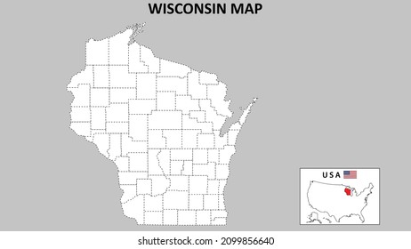 Wisconsin Map. State and district map of Wisconsin. Political map of Wisconsin with outline and black and white design.