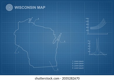 Wisconsin map - State of USA Map International vector template with outline style and white color isolated on blueprint background - Vector illustration eps 10