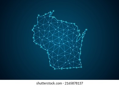 Wisconsin Map - USA Map mash line and point scales on blue technology background. Wire Frame 3D mesh polygonal network line, design sphere, dot and structure -  Vector illustration eps 10