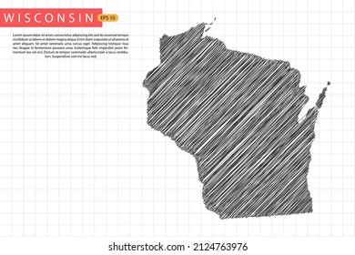 Wisconsin Map - USA, United States of America Map template with black outline graphic sketch and old school style isolated on white grid background - Vector illustration eps 10