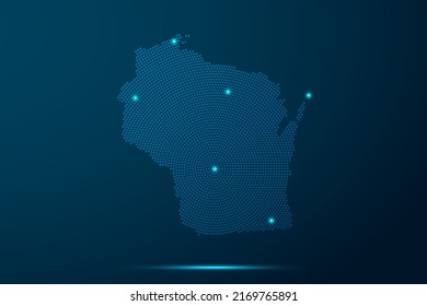 Wisconsin Map - USA, United States of America Map vector template with dots, halftone style and light, network line, design sphere on blue technology background -  Vector illustration ep 10