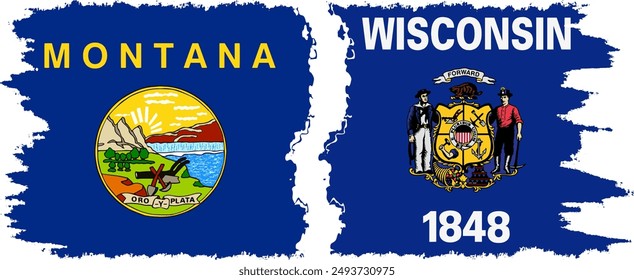 Wisconsin and Montana states grunge brush flags connection, vector