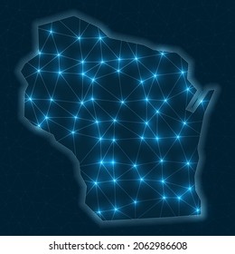 Wisconsin network map. Abstract geometric map of the US state. Digital connections and telecommunication design. Glowing internet network. Authentic vector illustration.