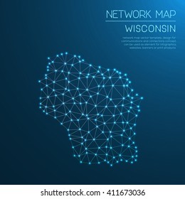Wisconsin network map. Abstract polygonal Wisconsin network map design with glowing dots and lines. Map of Wisconsin networks. Vector illustration.