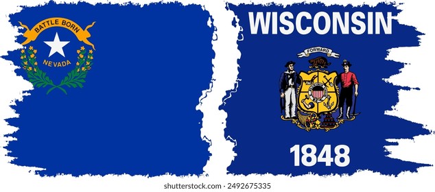 Wisconsin and Nevada states grunge brush flags connection, vector