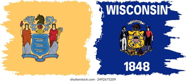 Wisconsin and New Jersey states grunge brush flags connection, vector