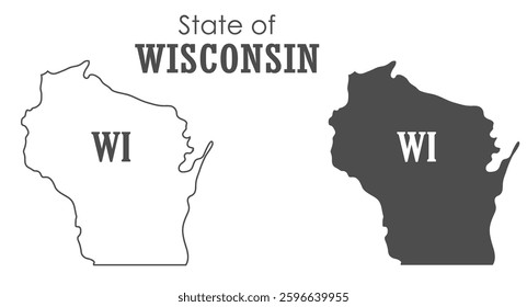 Wisconsin. The outline and silhouette of the state with the abbreviated abbreviation of the name. The state border. A template for the design of printed products
