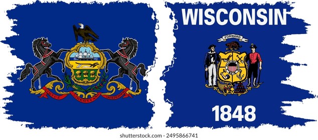 Wisconsin and Pennsylvania states grunge brush flags connection, vector