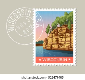 Wisconsin Briefmarkendesign. 
Vektorgrafik von Felsen mit Blick auf den Fluss Wisconsin. farbige Poststempel auf einer separaten Schicht