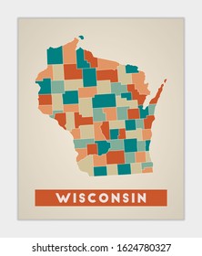 Wisconsin poster. Map of the US state with colorful regions. Shape of Wisconsin with US state name. Beautiful vector illustration.