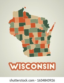Wisconsin poster in retro style. Map of the US state with regions in autumn color palette. Shape of Wisconsin with US state name. Creative vector illustration.