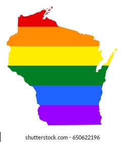 Wisconsin pride gay vector map with rainbow flag colors. United States of America. Gay flag over map of Wisconsin state. 