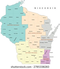 Wisconsin regions map with counties. Colored. Vectored