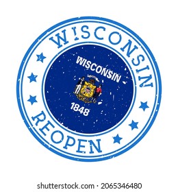 Wisconsin Reopening Stamp. Round badge of US State with flag of Wisconsin. Reopening after lockdown sign. Vector illustration.