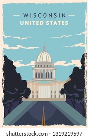 Wisconsin retro poster. USA Wisconsin travel vector illustration. United States of America greeting card.