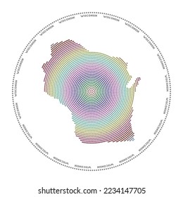 Wisconsin round logo. Digital style shape of Wisconsin in dotted circle with US state name. Tech icon of the US state with graduated dots. Artistic vector illustration.