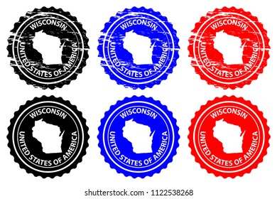 Wisconsin - rubber stamp - vector, Wisconsin (United States of America) map pattern - sticker - black, blue and red 