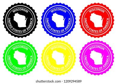 Wisconsin - rubber stamp - vector, Wisconsin (United States of America) map pattern - sticker - black, blue, green, yellow, purple and red 
