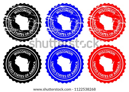 Wisconsin - rubber stamp - vector, Wisconsin (United States of America) map pattern - sticker - black, blue and red 