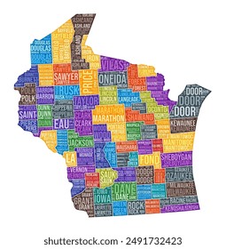 In: Wisconsin Shape. Staatswortwolke mit County Division. Farbige Illustration von Wisconsin. In: County names cloud. Vektorillustration.