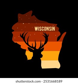 Wisconsin Silhouette with Deer and Retro Sunset Vibes 