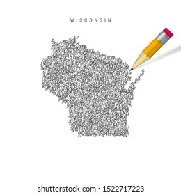 Wisconsin sketch scribble map isolated on white background. Hand drawn vector map of Wisconsin. Realistic 3D pencil with eraser.
