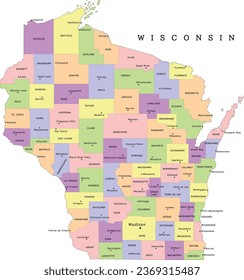 Wisconsin  state administrative map with counties and seats. Clored. Vectored. Bright colors