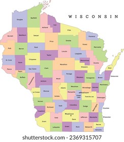 Wisconsin state administrative map with counties. Clored. Vectored. Bright colors