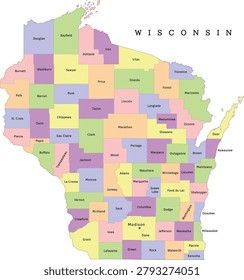Wisconsin state administrative map with counties. Colored. Vectored