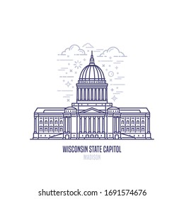 Capitolio estatal de Wisconsin, ubicado en Madison, Wisconsin. La capital del estado de los Estados Unidos en Vermont. Edificio gubernamental de estilo arquitectónico beaux-Arts.  Icono de vector de vista de estado en estilo lineal