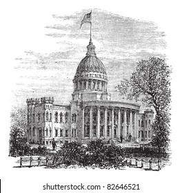 Wisconsin State Capitol in Madison, US, during the 1890s, vintage engraving. Old engraved illustration of Wisconsin State Capitol. Trousset encyclopedia (1886 - 1891).