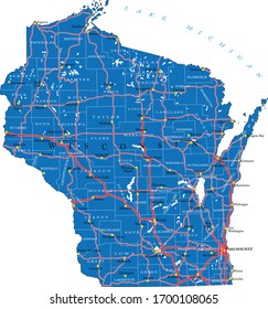 Wisconsin State Detailed Political Map