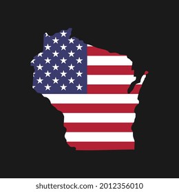 Wisconsin state map with American national flag on black background