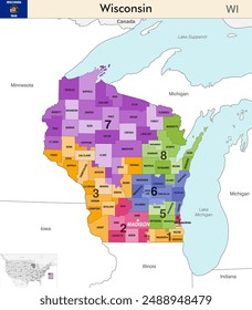 Wisconsin State Map mit Countys Grenzen und farbigen Kongressbezirken Grenzen aufgrund der US-Volkszählung 2020 und gültig seit 2023. Flagge von Wisconsin. Vektorgrafik