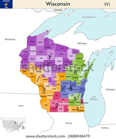 Wisconsin state map with counties borders and colored congressional districts boundaries due to The 2020 United States census and which is valid since 2023. Flag of Wisconsin. Vector