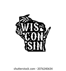 Wisconsin state map with doodle decorative ornaments. For printing on souvenirs and T-shirts