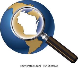 Wisconsin State Map Enlarged with Magnifying Glass on Globe