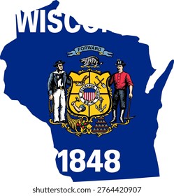 Wisconsin State Map with Flag Design and Accurate Geographic Contours. Professional vector silhouette featuring the state coat of arms on a blue background. Ideal for Milwaukee business infographics, Madison education guides, and Great Lakes regional news. Clean 2D minimalist graphic