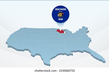 Wisconsin state map on United States of America map in perspective. Vector presentation.