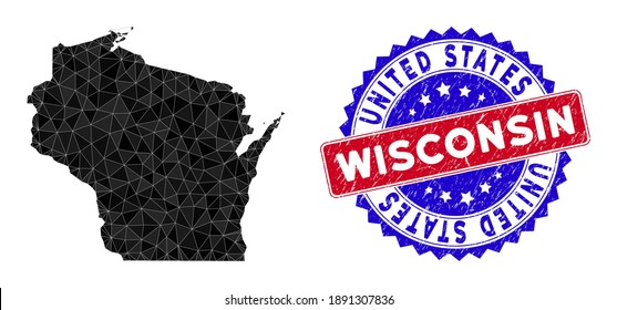 Wisconsin State map polygonal mesh with filled triangles, and grunge bicolor stamp seal. Triangle mosaic Wisconsin State map with mesh vector model, triangles have different sizes, and positions,