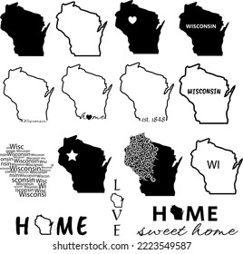 Wisconsin State Map Set Outline Vector Design