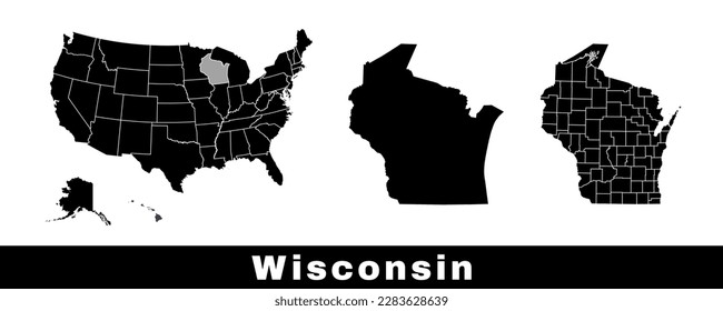 Wisconsin state map, USA. Set of Wisconsin maps with outline border, counties and US states map. Black and white color vector illustration.