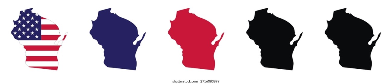 Wisconsin state map vector illustration set featuring outline and solid fills, with American flag in blue, red, and black, perfect for geography education, Travel guides, and patriotic design purposes