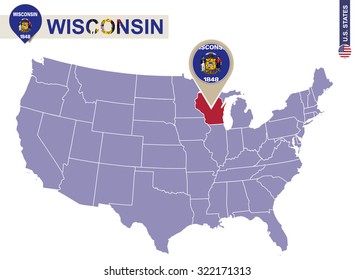 Wisconsin State on USA Map. Wisconsin flag and map. US States.
