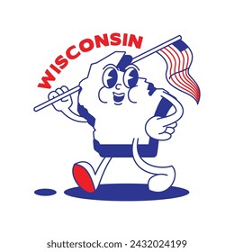 Wisconsin State retro mascot with hand and foot clip art. USA Map Retro cartoon stickers with funny comic characters and gloved hands. Vector template for website, design, cover, infographics.