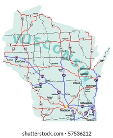 Wisconsin state road map with Interstates, U.S. Highways and state roads.  Vector illustration