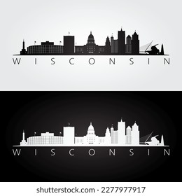 Wisconsin state skyline and landmarks silhouette, black and white design. Vector illustration.